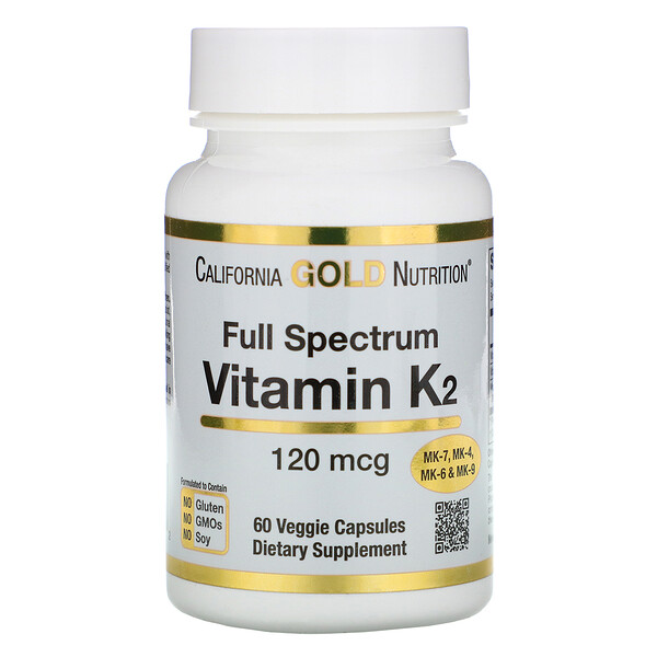 California Gold Nutrition, Витамин K2 (в форме MK-4, MK-6, MK-7, MK-9), 120 мкг, 60 вегетарианских капсул
