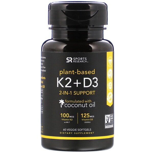 Sports Research, Витамин K2 + D3, 100 мкг/125 мкг, 60 растительных мягких таблеток